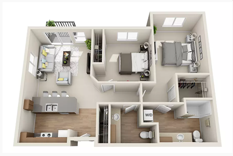 Floor plan for 2 beds, 1.5 baths, 1000 sqft